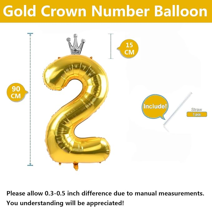 Gold Number 2 Balloon with Crown, 40 inch Gold Number Balloon 2nd Birthday - Image 2