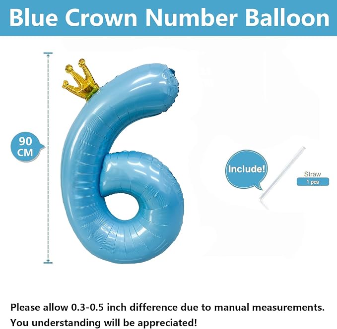 Blue Number 6 Balloon with Crown, 40 inch Blue Number Balloon 6th Birthday - Image 2