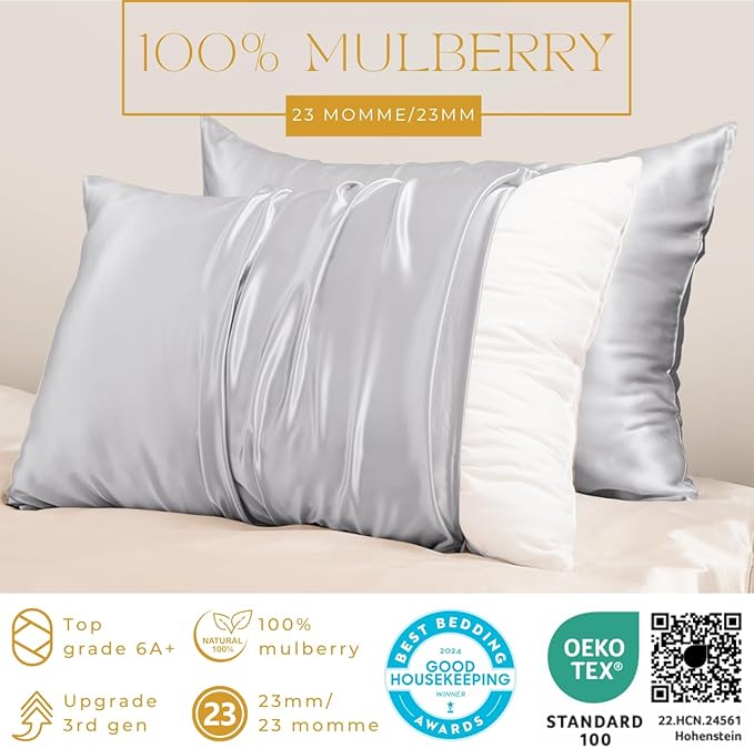 PROMEED 100% Mulberry Silk Pillowcase King for Hair and Skin with Zipper, Both Sides 23 Momme Pure Silk Pillow Case, Grade 6A+ Silk (King 20"x36", Light Grey)