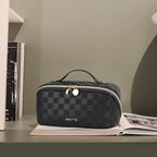 Prite Makeup Bag for Women Travel Waterproof Vegan Leather Cosmetic Bag Open Flat Toiletry Bag With Clear Divider and Handle (Plaid Black)