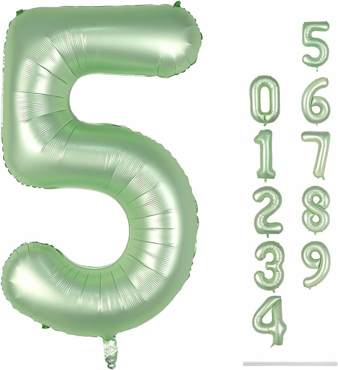 Sage Green 5 Balloons, Self Inflating Digit 5 Balloons by Lingqiang