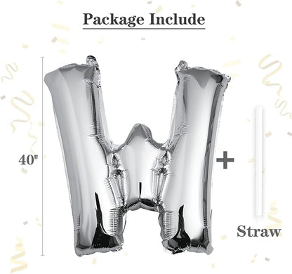 40 inch Silver Letter W Balloon, Big Size Alphabet Foil Mylar Helium Balloons - Image 2