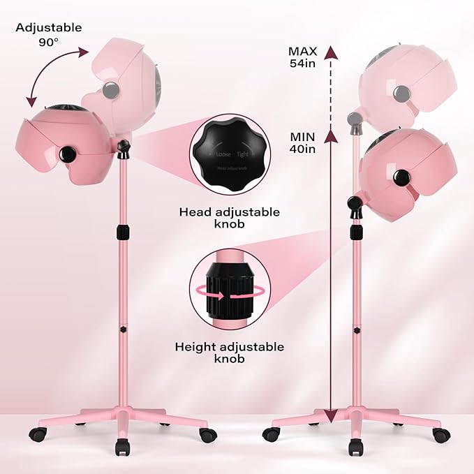 Professional Hooded Hair Dryer Pink,Stand Hair Dryer Bonnet with 3 Temperature Settings,Height Adjustable Sit Under Dryer on Wheels