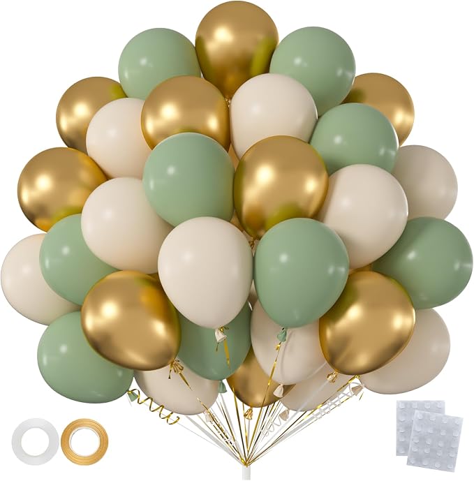 60pcs Sage Green and Gold Balloon Kit, 12 Inch Eucalyptus Olive Green Cream & by Q%26High+Life
