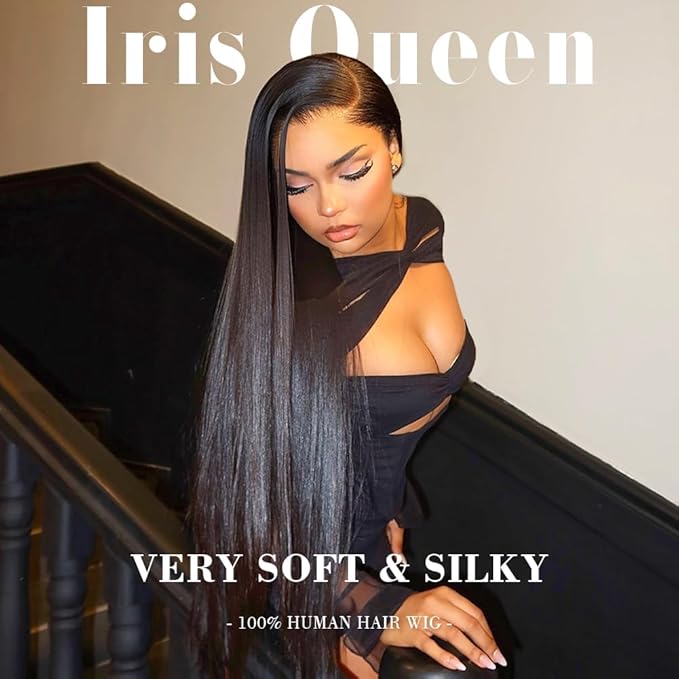 Iris Queen 12A Straight 30 Inch HD Full Lace Front Human Hair Wigs Pre Plucked 180 Density 13x4 Transparent Lace Frontal Wig for Black Women Brazilian Natural Black Hair