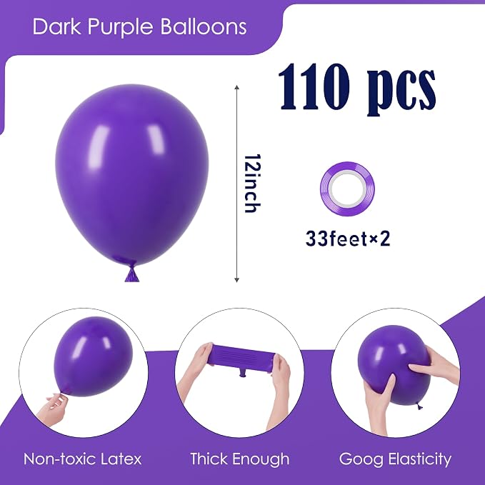 Voircoloria 110pcs Dark Purple Deep Purple Latex Party Balloons, 12inch | - Image 2