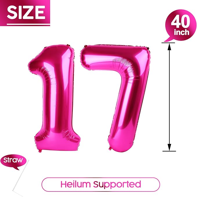 17 Balloon - Hot Pink Birthday Number Balloons, 40 Inch Party Decorations | Hot - Image 5