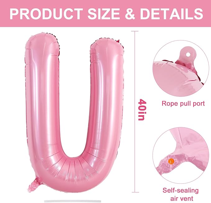 TONIFUL 40 Inch Large Pink Letter U Balloons Giant Foil Mylar Alphabet Balloon - Image 2