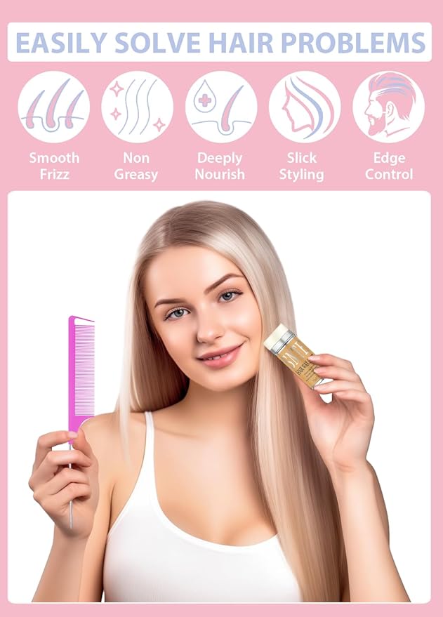 Hair Grooming Kit: Wax Stick for Flyaways, Slick Back Brush, Rat Tail Comb, Bristle Brush Set - Tames Frizz & Controls Baby Hair