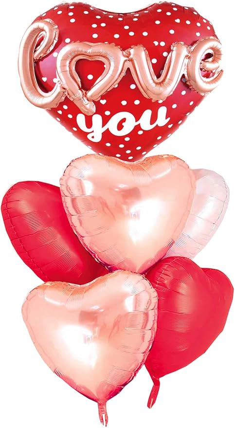 Red Heart Shape Rose Gold Love You Balloons Pack Of 6 Foil Helium Mylar Balloons by DDywarm