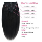 Kinky Straight Human Hair Clip in Extensions 120g Full Head Clip ins for Women 100% Unprocessed Brazilian Virgin Human Hair Yaki Straight Clip ins Remy Hair Natural Black 8Pcs 18Clips 24inch