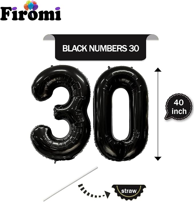 FIROMI 30 Number Balloons Black Big Mylar Foil 30th Balloon Numbers 40-inch | - Image 2