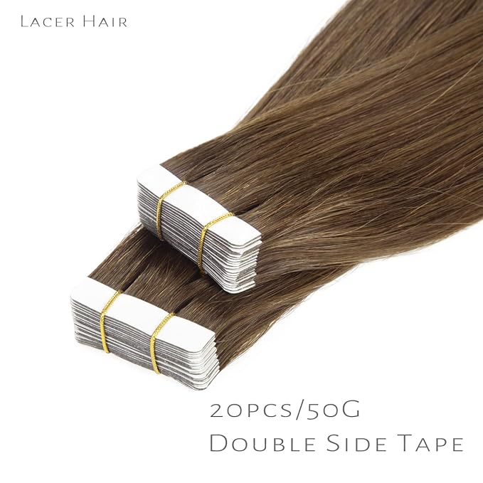 Lacer Remy Human Hair 22 Inch Tape In Extensions Chocolate Brown Color #4 Skin Weft Double Sided Adhesive 50 Gram Seamless Silky Straight Soft Hair Extension