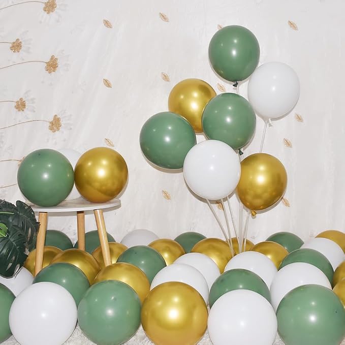 300 Pack Sage Green Gold and White Balloons 5 Inch Latex Green White Metallic by BAOKUANHU