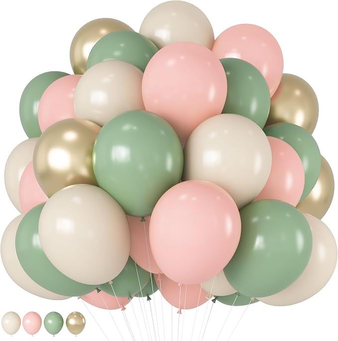 HILAVO Sage Green Pink Balloons 12 Inch Olive Green Pastel Pink Ivory Metallic by HILAVO