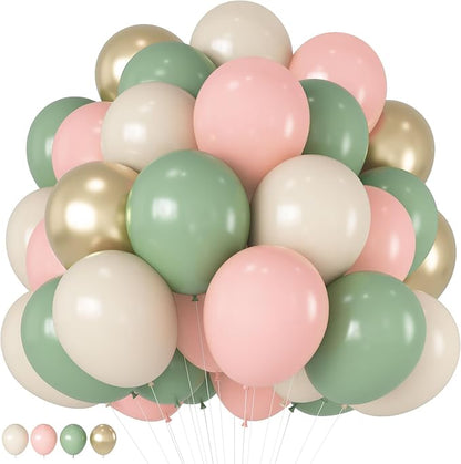 HILAVO Sage Green Pink Balloons 12 Inch Olive Green Pastel Pink Ivory Metallic by HILAVO