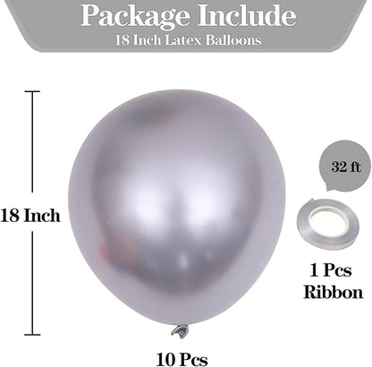 10pcs 18 inch Metallic Silver Balloons, Thick Latex Chrome Helium Balloons - Image 2