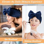 Shintop Face Wash Headband, Soft Spa Headband Carol Fleece Makeup Headwear with Cute Bow Elastic Hairband for Skincare Facial Mask Showers（Navy blue）