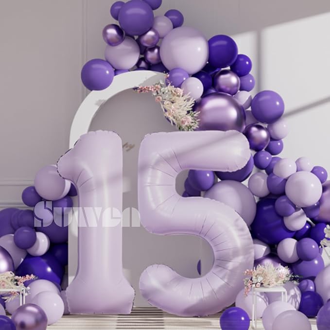 SUWEN 40 Inch Light Purple Lavender Big 15 Balloon Number Foil Helium 0-9 | - Image 4
