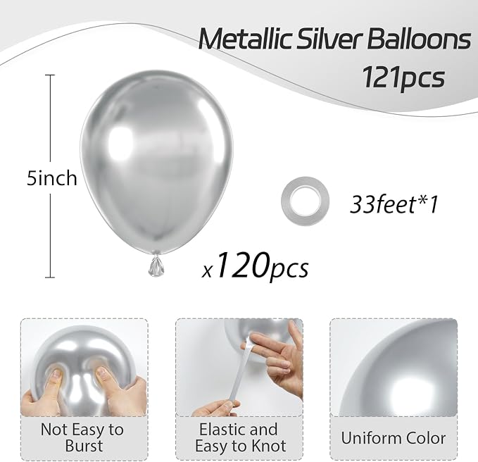 Awenztech 120pcs 5 inch Metallic Silver Latex Balloons | Graduation, Baby Shower - Image 2