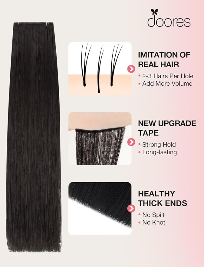 DOORES Invisi Edge Tape in Wide Hair Extensions Human Hair, Natural Black 4PCS Injection Tape ins 20g 24 Inch, Virgin Human 3 Inch Wide Injected Extensions Invisible
