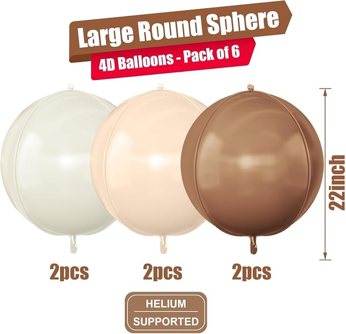 6Pcs Nude Cream Beige Round Foil Balloons, 22inch 4D Apricot Brown Tan Large - Image 2