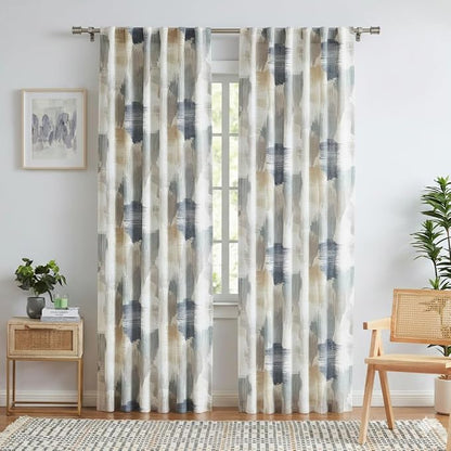 Kayne Studio Blue Tan Boho Abstract Rod Pocket Semi Sheer Curtains 84 Inch | - Image 2