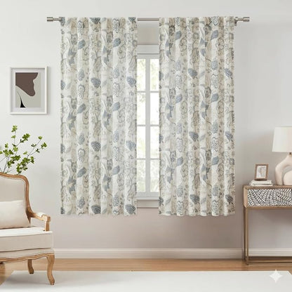 Kayne Studio Blue Grey Floral Botanical Rod Pocket Semi Sheer Curtains 63" | by KayneStudio