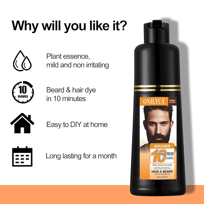 Men's Brown Beard Dye, Dark Brown Hair Dye for Gray Hair Coverage, 3 in 1 Hair Dye Shampoo, Mustache & Beard Dye for Men, Quick & Easy to Use at Home, Long Lasting Beard Color for Men 200ML