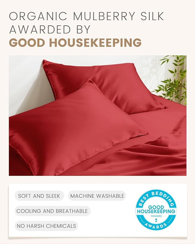THXSILK 100% Pure Mulberry Silk Pillowcase for Hair and Skin - Upgraded Real Grade 6A+ Mulberry Silk - Durable, Soft & Anti-Aging Silk Pillow Case with Zipper(California King Size 20"x40", Red)