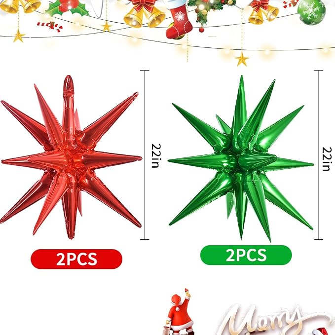 TONIFUL 4Pcs Explosion Star Balloons Red and Green Foil Balloon Party Decor | - Image 2