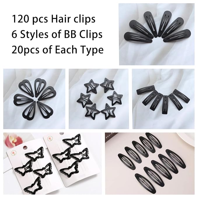 120PCS Black Hair Clips for Girl Metal Snap Hair Barrettes, 2 Inch Hair Accessories for Girl & Kids Women (6 Styles) By CYBAUG