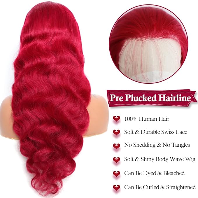 99J Burgundy Lace Front Wigs Human Hair 13x4 Body Wave Lace Front Wigs Pre Plucked Bleached Knots Lace Frontal Wig with Baby Hair 200% Density Red Wig HD Lace Red Wig for Women 28 Inch