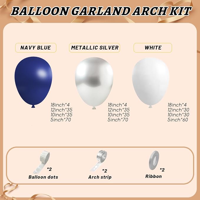 412Pcs Navy Blue and Silver Balloons Arch Garland Kit, 5 10 12 18 inch Navy - Image 2