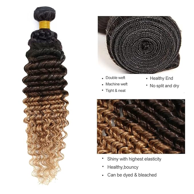 4/27 Deep Wave Bundles Human Hair Honey Blonde Bundle 12 14 16 Inch Brazilian Virgin Remy Hair Extensions Double Weft 3 Tone Brown and Blonde Deep Wave Bundles Hair Weave 300g