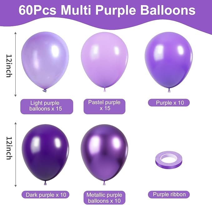 KBZVNAF Purple Latex Balloon Set 60 Packs 12 Inch | Metallic Chrome Purple - Image 2