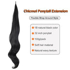 Chicmoi Black Ponytail Extainson 32 Inch Flexible Wrap Around Ponytail Hair Extension Long Wavy Pony Tails hair Extension 1B Natural Black Synthetic Hairpieces For Women and Girls