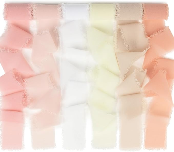 Handmade Fringe Chiffon Silk Ribbon 1.5 Inch x 3Yd Peach/Blush/Pink Soft by MLURCU