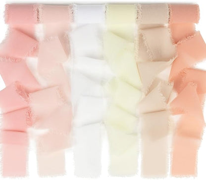 Handmade Fringe Chiffon Silk Ribbon 1.5 Inch x 3Yd Peach/Blush/Pink Soft by MLURCU