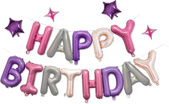 Pink Purple Happy Birthday Balloons Banner Sign Mylar letter Party decor | by xiangsushijie