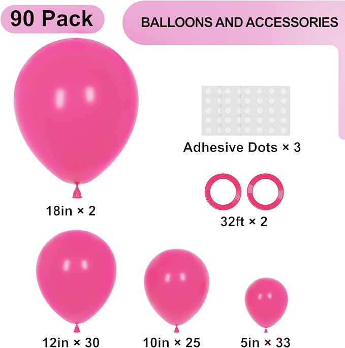 Voircoloria 90pcs Hot Pink Balloons Garland Arch Kit, 18 12 10 5 Inch | - Image 2
