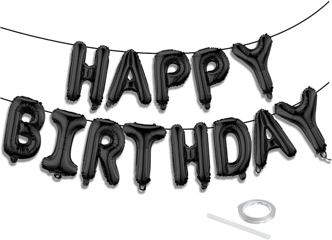 Black Happy Birthday Balloon Banner Set -16 Inch Foil Letters Balloons by KEJ