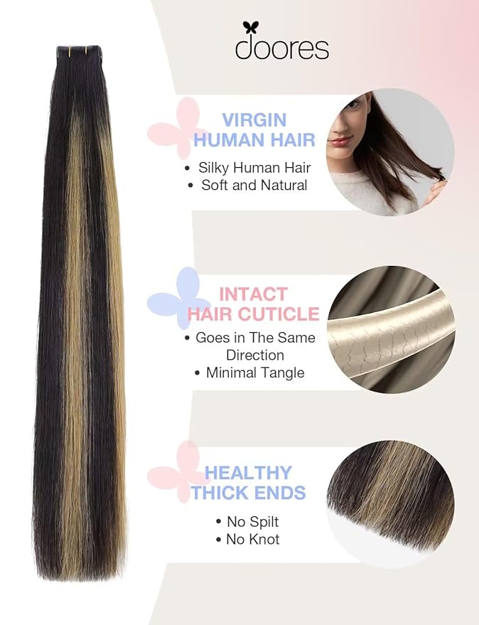 DOORES Invisi Edge Human Hair Extensions Tape in, Natural Black to Light Blonde 10pcs Injection Tapeins, 25g 18 Inch, Injected Tape in Extensions Virgin Human Hair