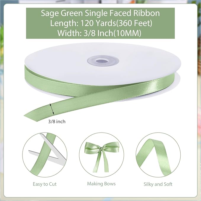 woric 120 Yards Sage Green Ribbon 3/8 Inch Light Green Thin Satin Ribbon - Image 2