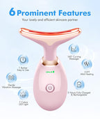 Red-Light-Therapy-for-Face-and-Neck, 7 Color Face Massager Tool for Wrinkles, Double Chin, Vibrating Facial Massager with Thermals for Skin Care, Glossy Pink