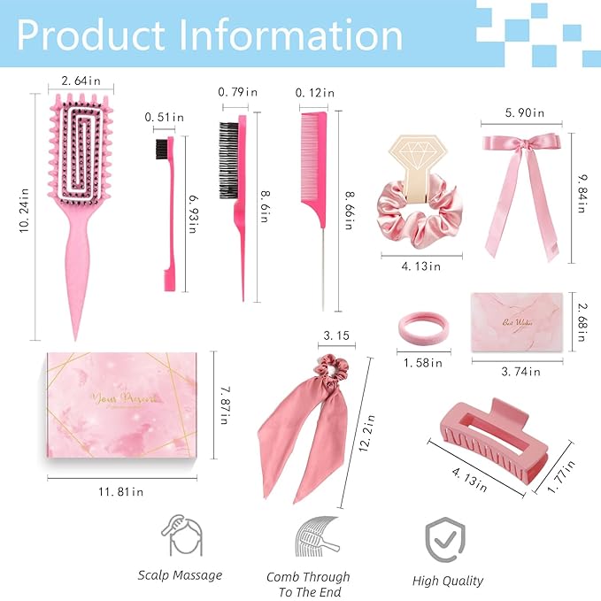 Curly Hair Brush,Curl Defining Brush,Slick Back Hair Brush,Rat Tail Comb,Edge Bristle Brush,Clip Claw,Bow,Satin Scrunchies,No Damage Hair Ties,Scarf Hair Ties,Gifts For Women,Best Gift Set(Pink)