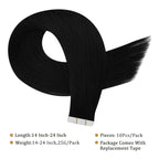 Full Shine 18Inch Black Virgin Tape in Hair Extensions Remy Tape in Human Hair Extensions Color 1 Black 25 Gram Seamless Unprocessed Skin Weft 10Pcs for Women