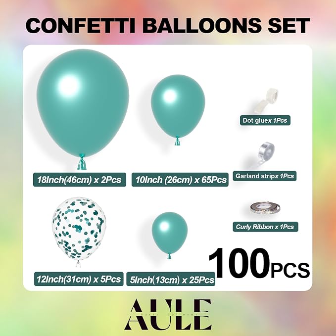 AULE 100Pcs Metallic Green Balloons 18/12/10/5 Inch Different Sizes | Teal - Image 3