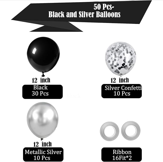 Black and Silver Balloons, Thick & Durable, - Image 2