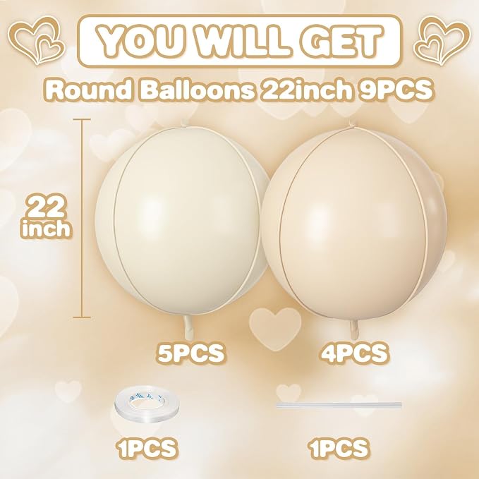 Cream Beige Round Foil Balloons 9 pcs, Metallic Giant 4D Round Balloons 22 Inch - Image 2